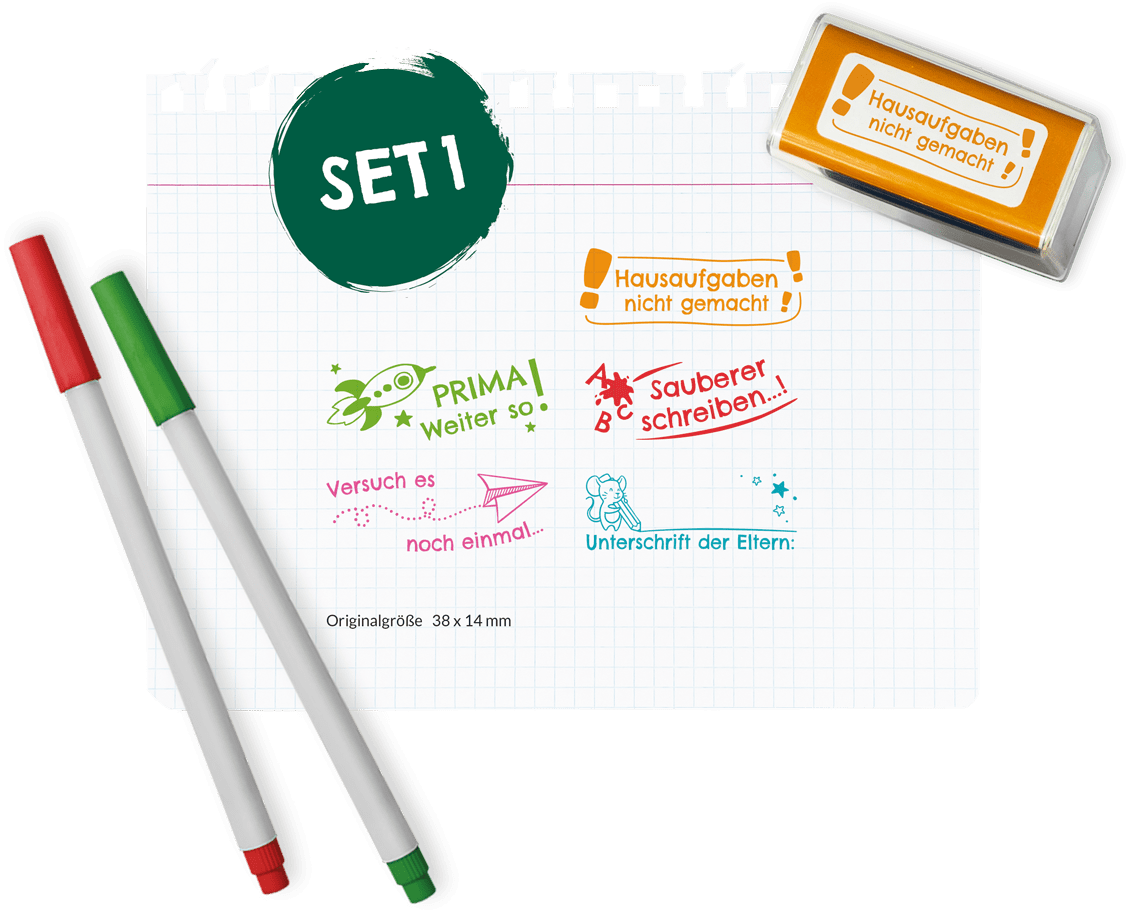 Colop NIO School – Selbstfärbender Wortstempel, Text 'Prima! Weiter so', Deutsch – Abdruck 38 × 14 mm – smooth green