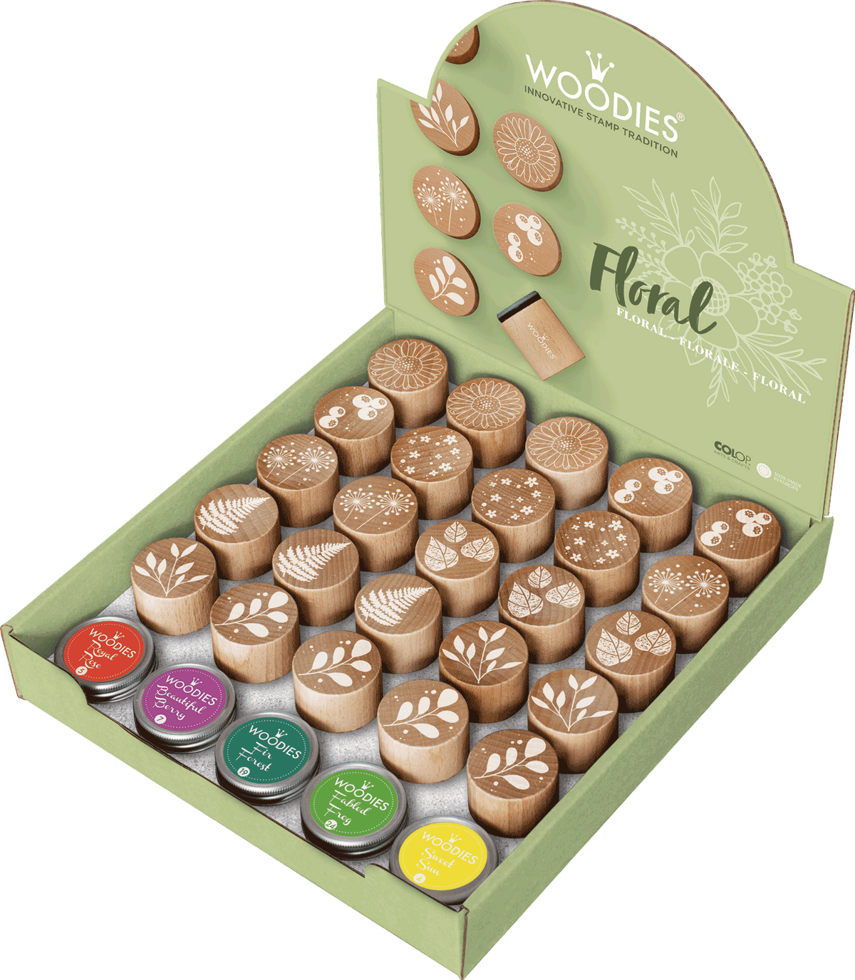 Colop Display Woodies – Motivstempel, Holz – Display mit 25 Motiven, inkl. 5 Stempelkissen, verschiedene Farben