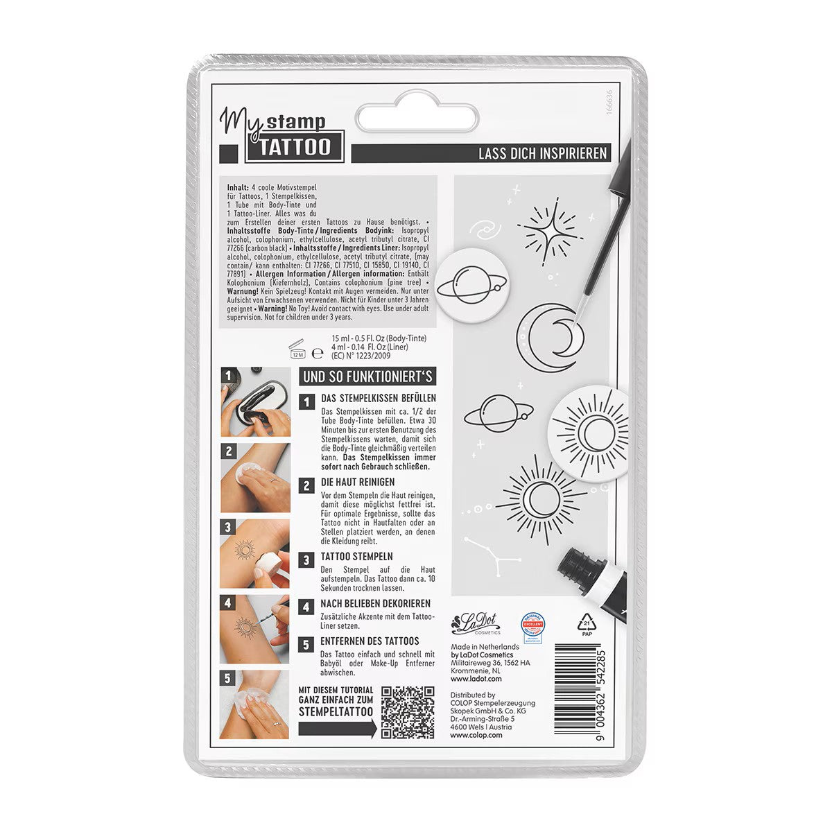 Colop My stamp TATTOO – Stempel-Set Astro – inkl. zertifizierte Tinte, Stempelkissen, weisser Liner, 4 Steine