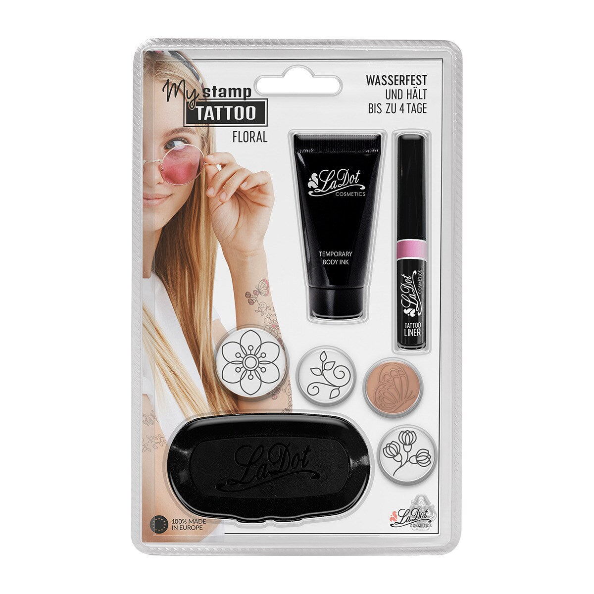 Colop Tattoo-Stempel-Set – My Stamp TATTOO Floral – inkl. Tinte, Stempelkissen, rosa Liner, 4 Steine – 28 × 14