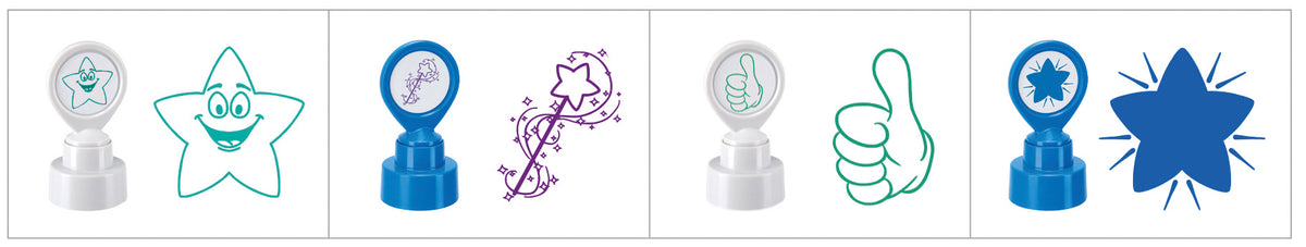 Colop Motivations-Stempel – Grüner Stern, Blauer Stern, Zauberstab, Daumen hoch, 4 Teile, Abdruck Ø 2,2 cm