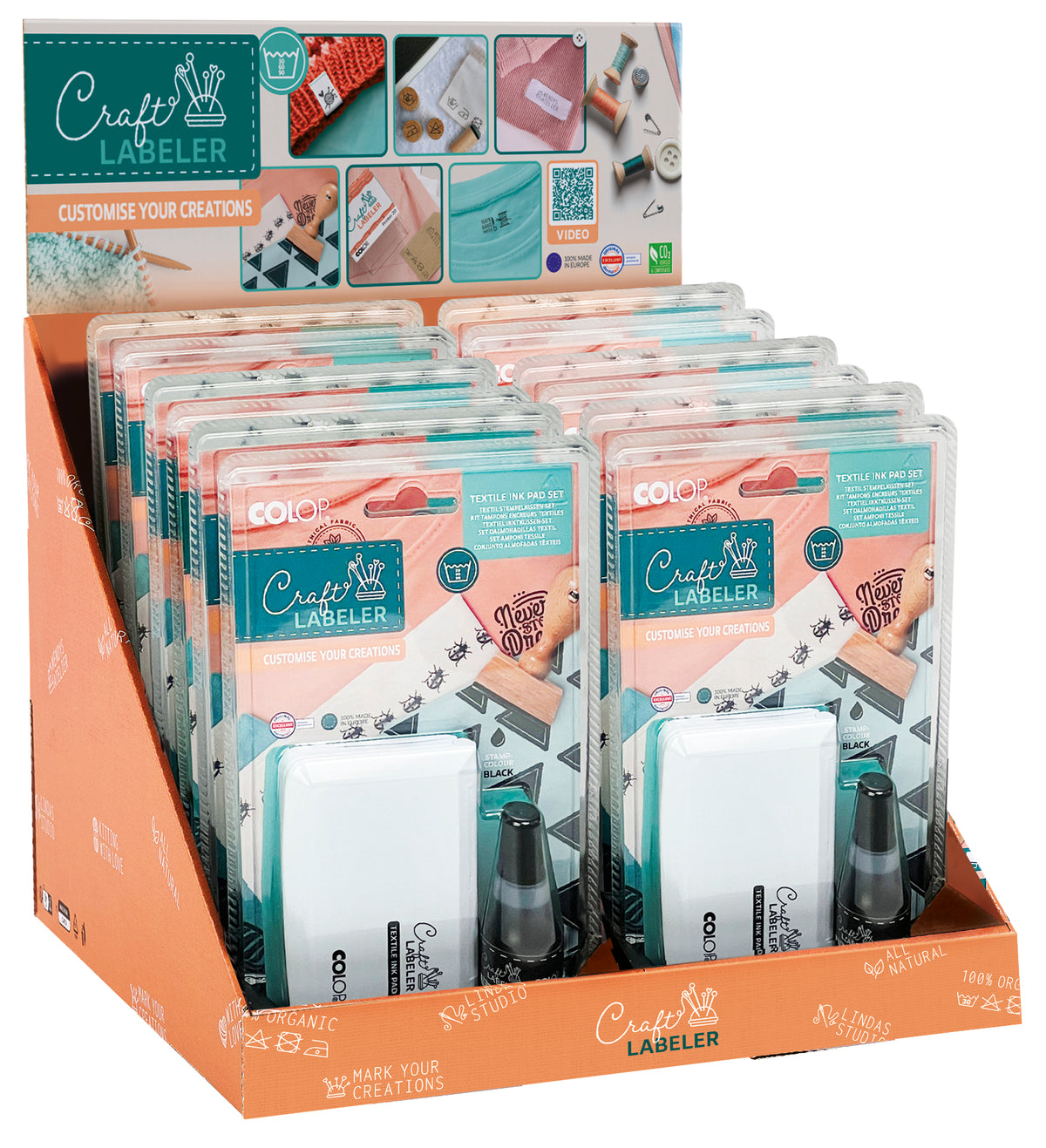 Colop Stempel Craft Labeler, Textil-Stempelkissen Set, Schwarz, Display à 12