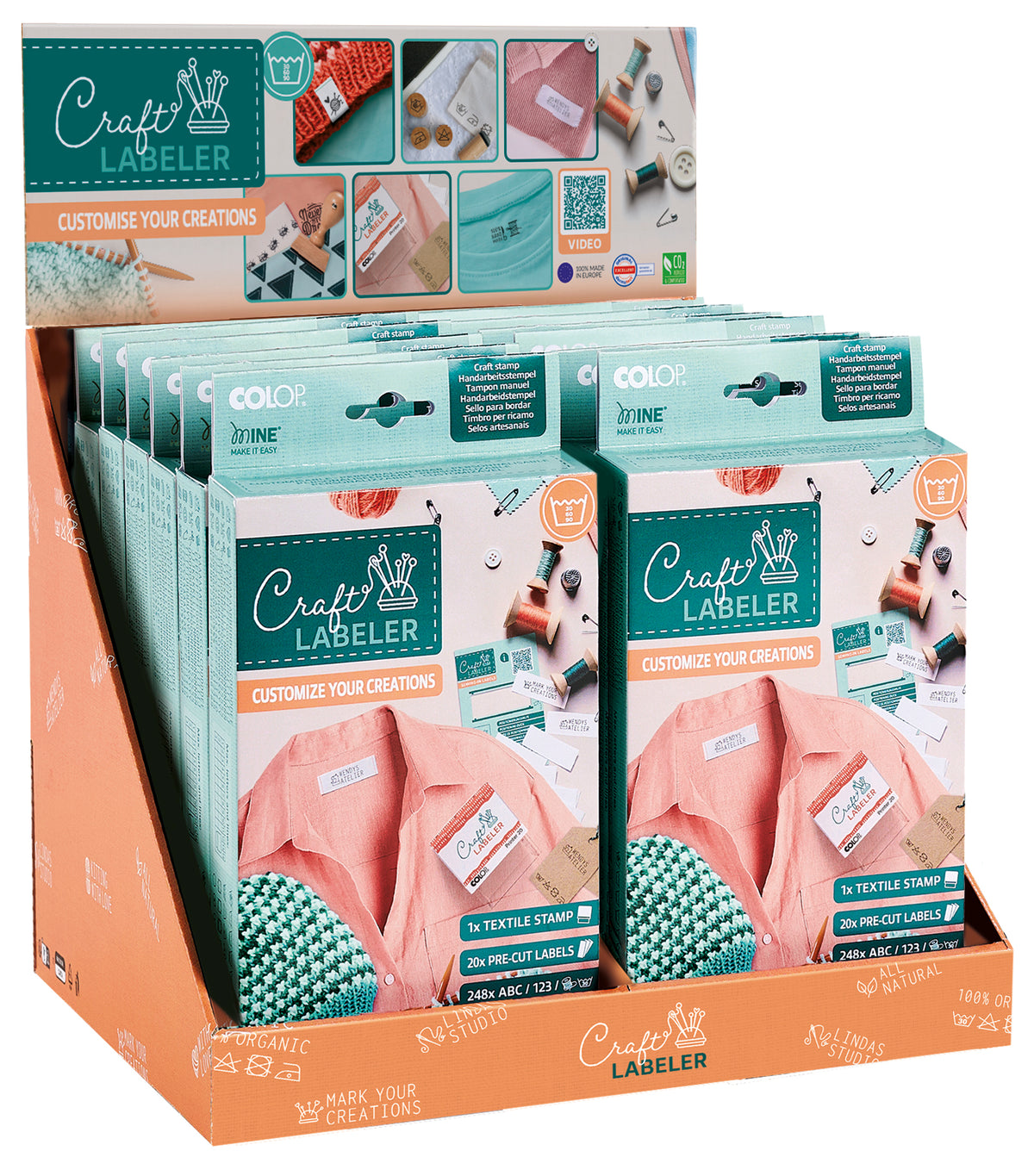 Colop Craft Labeler – Selbstfärbender Kennzeichnungsstempel – inkl. 2 Buchstabensets, 20 Textil-Labels, Pinzette