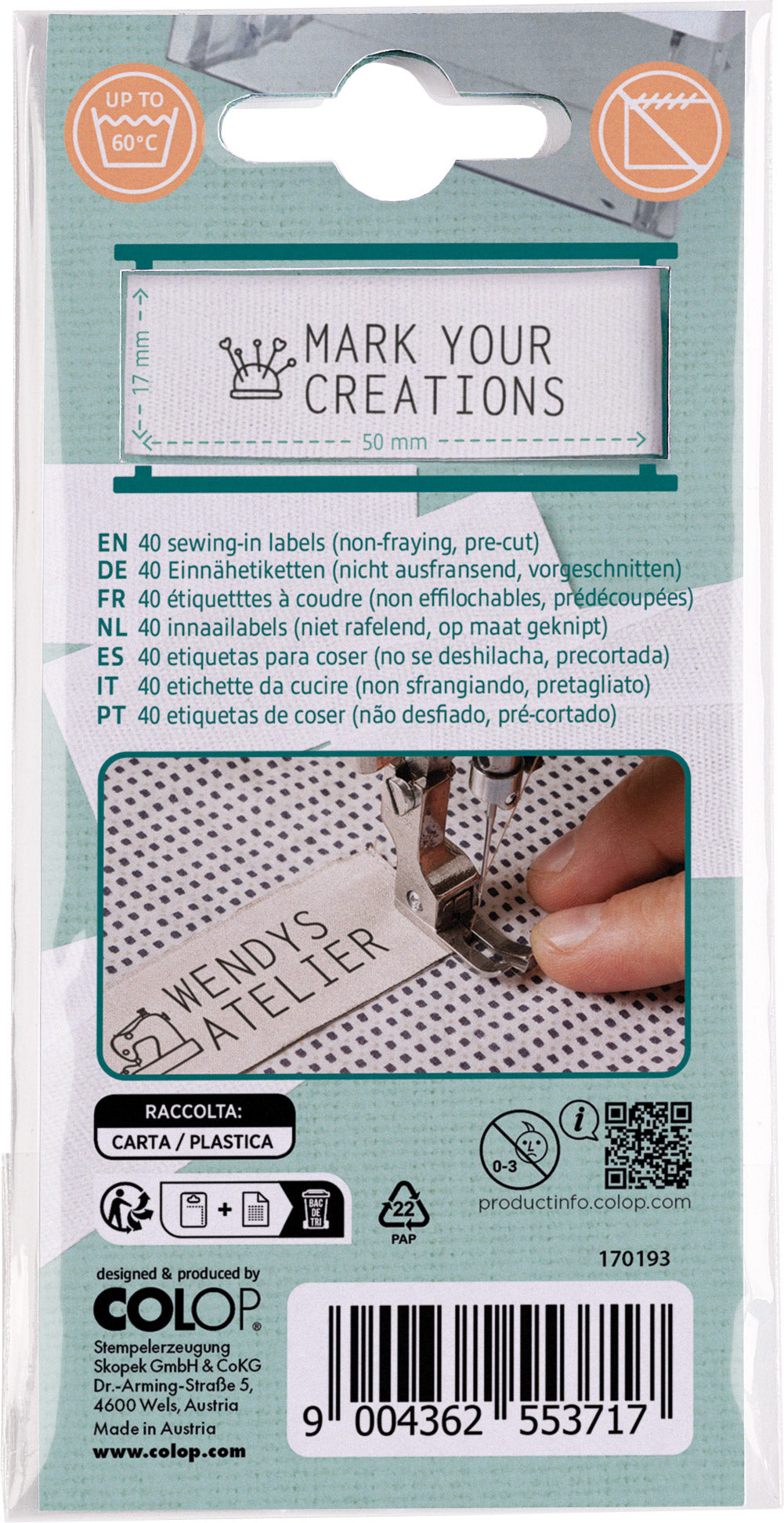 Colop Textil-Etiketten – rechteckig 7 × 15 mm, nicht klebend, weiss, Textil, für Craft Labeler, 40 Stk.