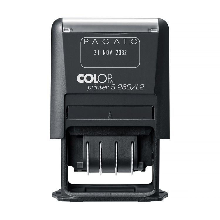 Colop Printer S 260 – Wort- & Datumstempel selbstfärbend, Pagato / Italienisch, Schrifthöhe 4,0 mm – Blau/Rot