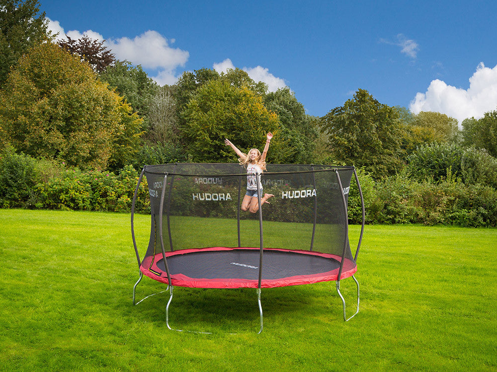 HUDORA Trampolin – rund – max. 100 kg, mit Sicherheitsnetz – Ø 400 cm – rot – CE