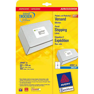 Avery Adress- und Versand-Etiketten, 139 mm × 99 mm, weiss, Papier, selbstklebend, 100 Etiketten (25 Blatt)
