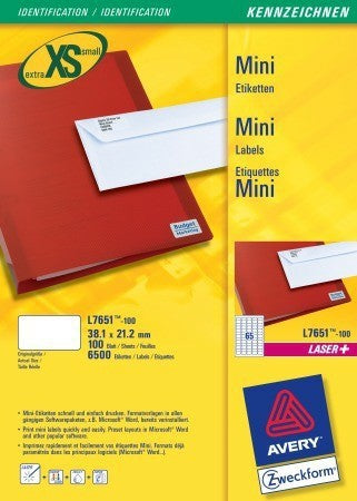 Avery Mini-Etiketten, 38 mm × 21 mm, weiss, Papier, 6500 Etiketten (100 Blätter)