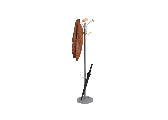 Alba Garderobenständer (mit Schirmhalter) – Kunststoff/Stahl/Holz – Silber – 1'750 mm