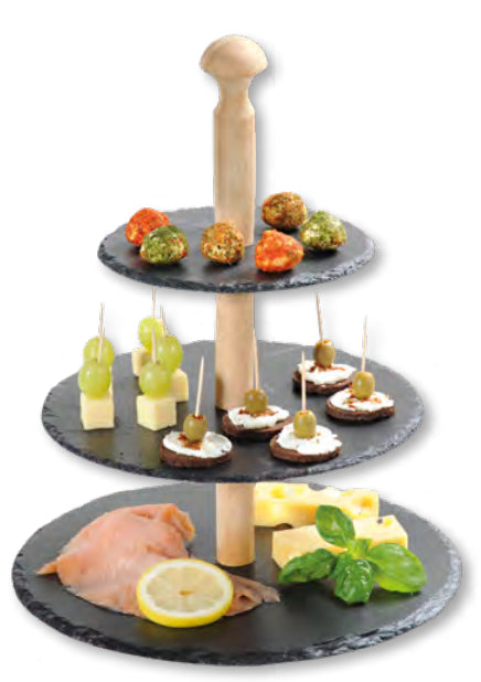 Kesper 3-stöckige Etagere – Ø 30 cm, H 34 cm, Schiefer/Bambus, Schwarz/Braun