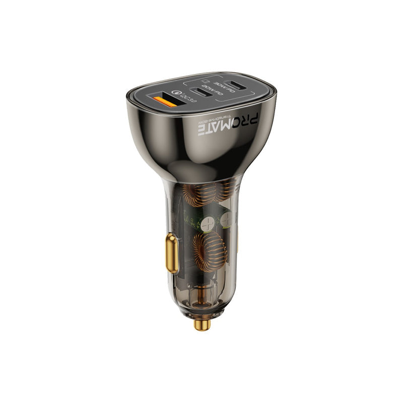 Promate TransDrive-80W Auto-Ladegerät 80 W – USB-C×2, USB-A×1 – PD, QC 3.0 – 12V KFZ-Stecker – Schwarz