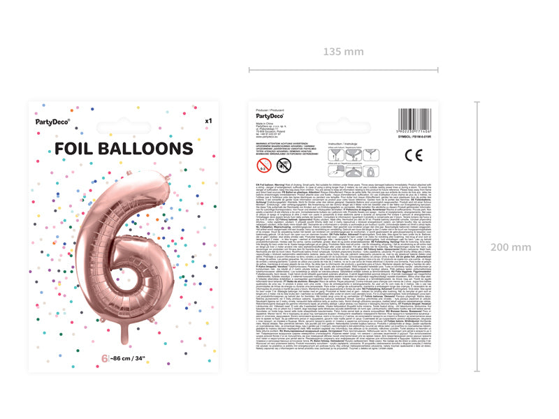 PartyDeco Folienballon Zahl 6 – Roségold – 86 cm – Folie – 1 Stk