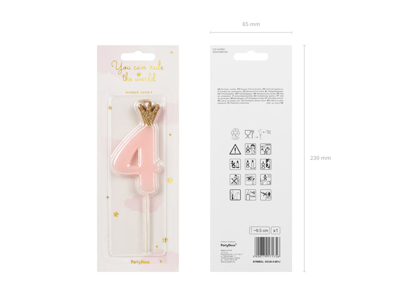 PartyDeco Geburtstagskerzen Zahl 4 – Rosa – 9,5 cm – 1 Stk