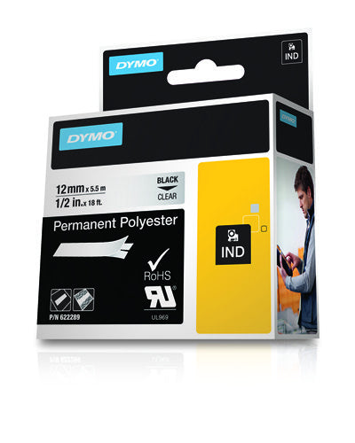 DYMO Schriftband – 12 mm × 5,5 m, transparent, schwarz