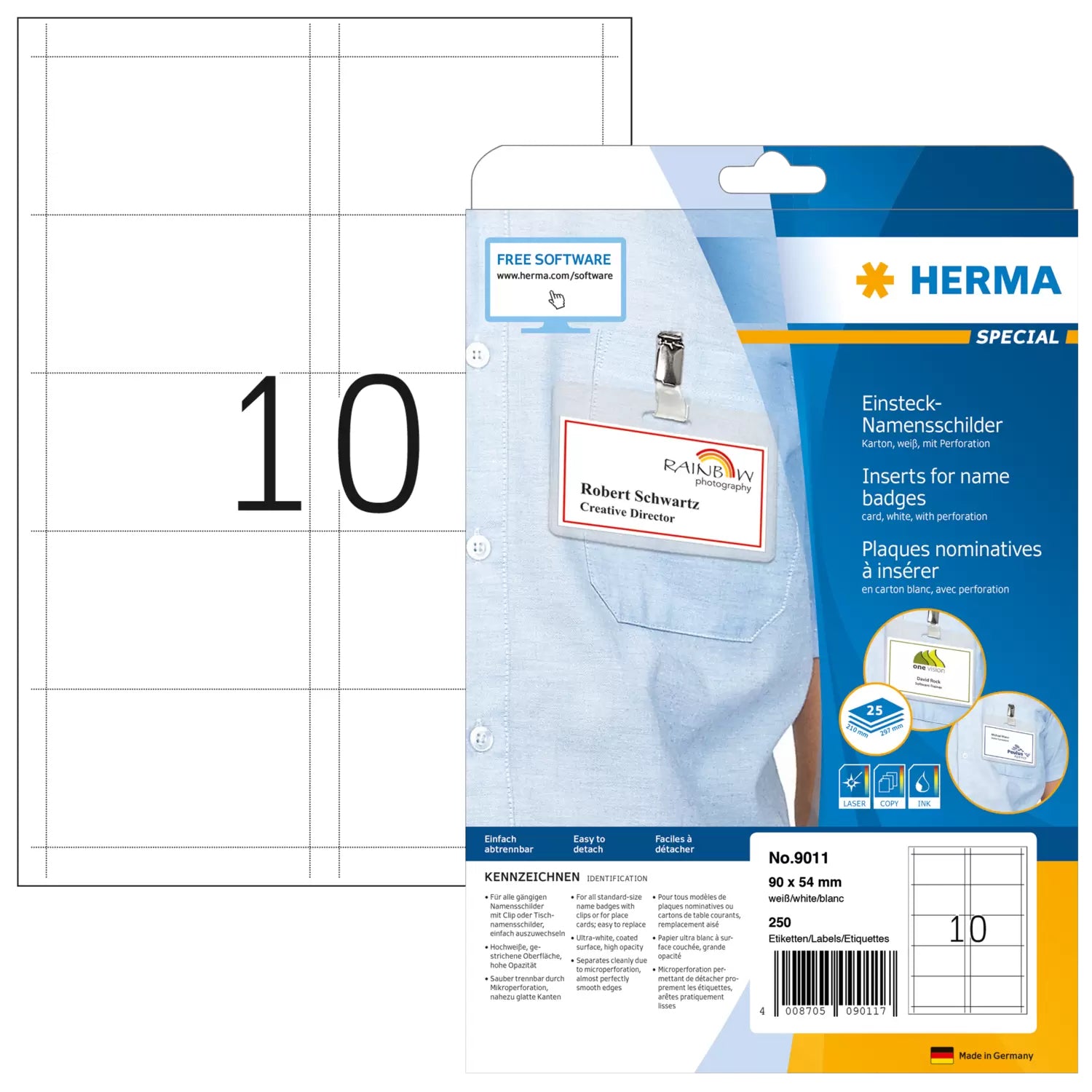 HERMA Einstecketiketten A4 (90 × 54 mm), 170 g/m², weiss, Papier – für Inkjet, Laser, Kopierer – 250 Karten