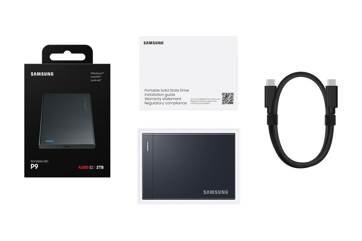 Samsung P9 2 TB Portable SSD – USB4 Gen 3x2, USB Typ-C, 4 000 MB/s lesen, 3 800 MB/s schreiben, Schwarz