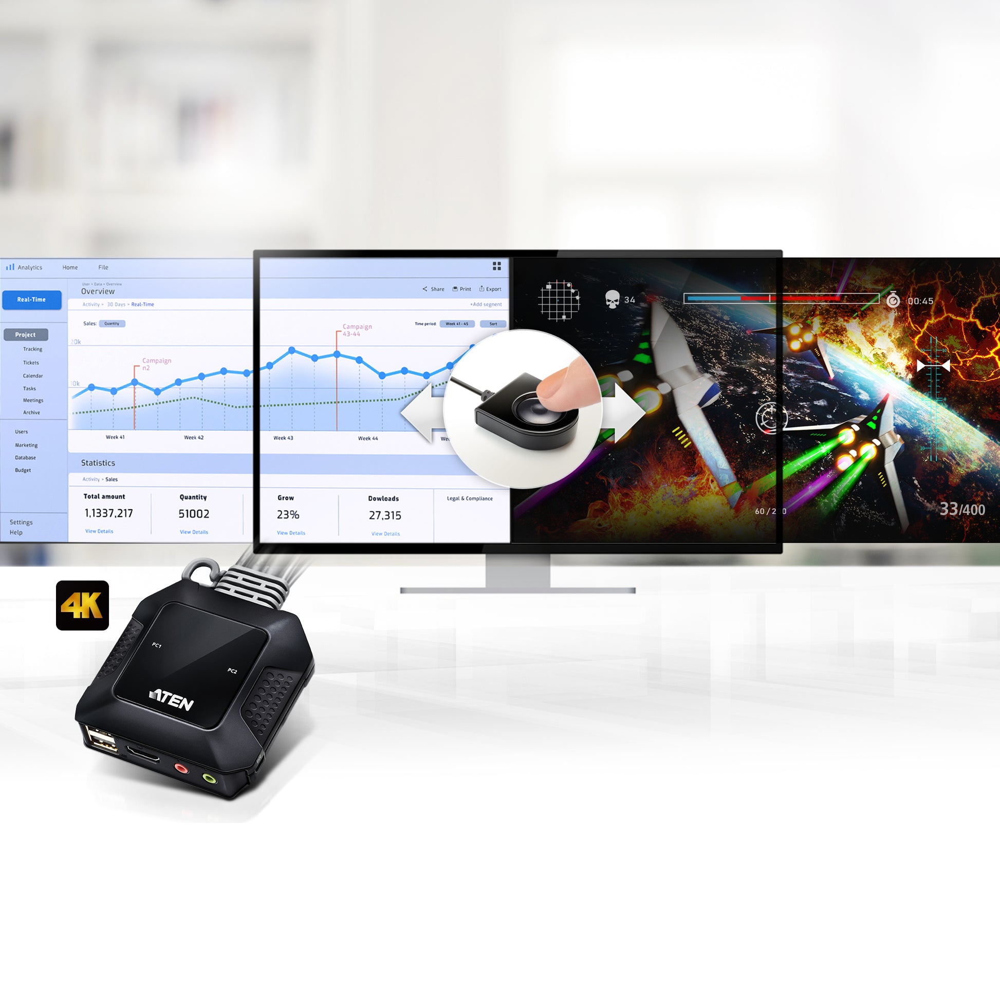 ATEN CS22H – 2-Port HDMI KVM-Switch – 4K/60 Hz, USB 2.0-Hub, Audio, Desktop