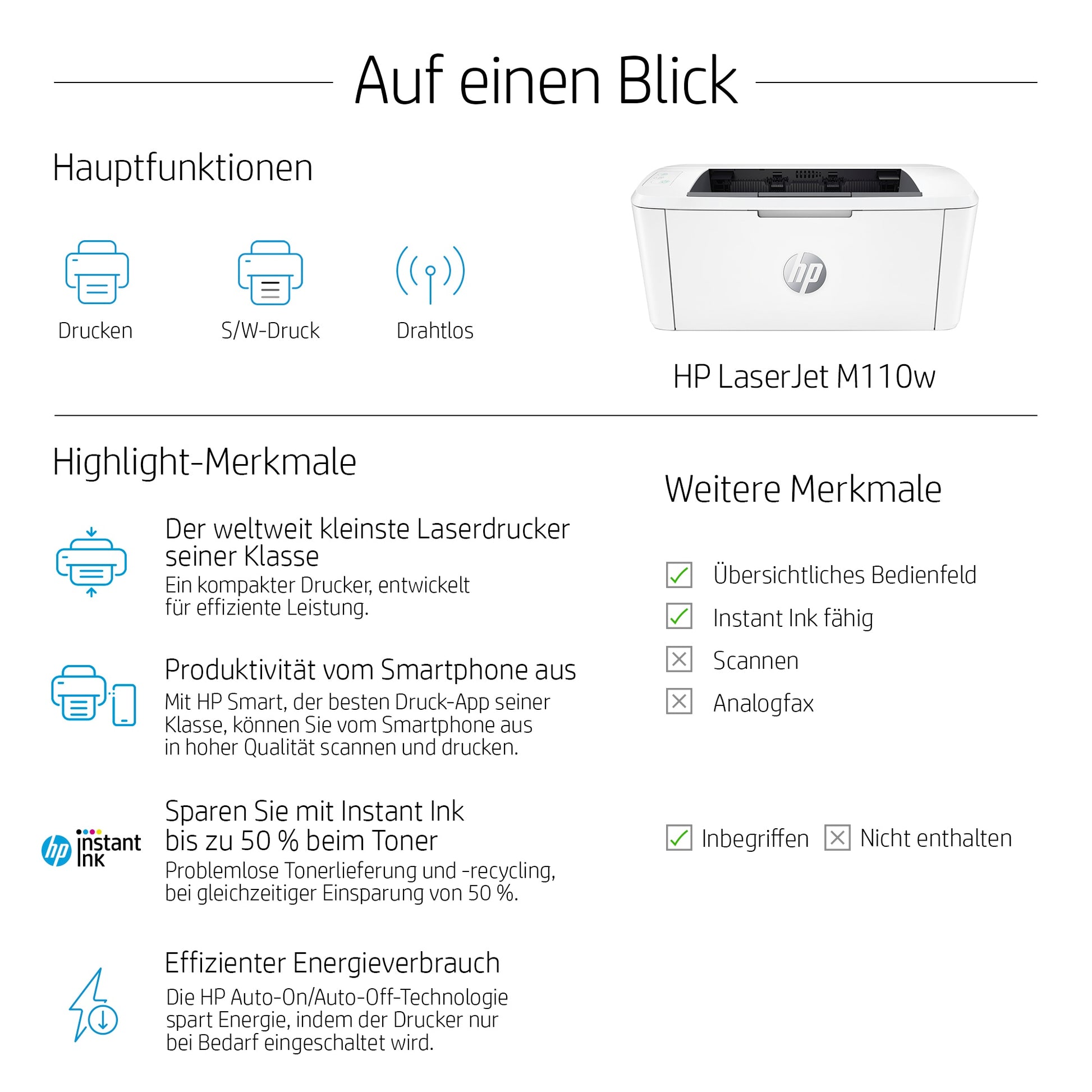 HP LaserJet M110w – Schwarz-Weiss, A4, WLAN, LAN, USB, 20 Seiten pro Minute, AirPrint, Mopria