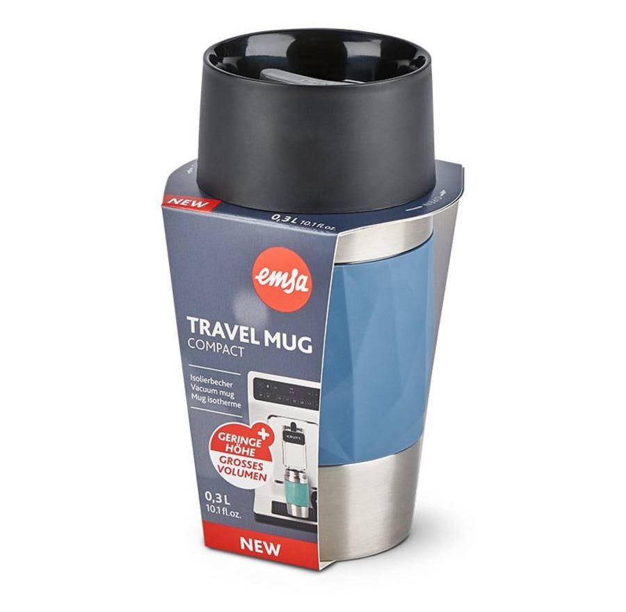 EMSA Thermobecher Travel Mug Compact – 3 dl – Edelstahl, isoliert, auslaufsicher – Blau