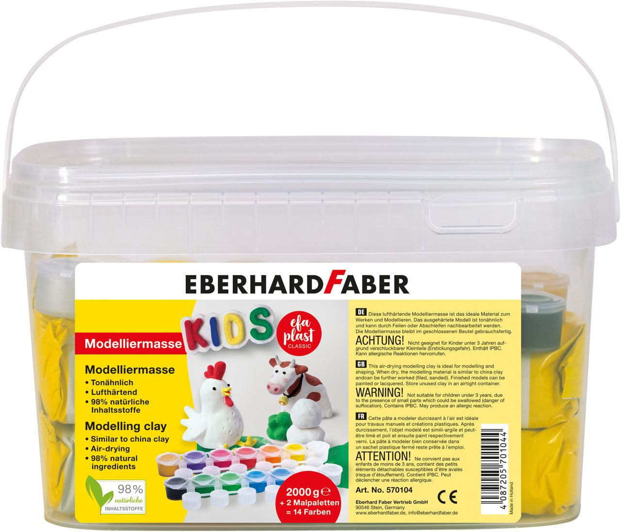 Eberhard Faber EFA Plast KIDS – Modelliermasse-Set – 2 kg, 14 Töpfchen Schulmalfarbe, Weiss