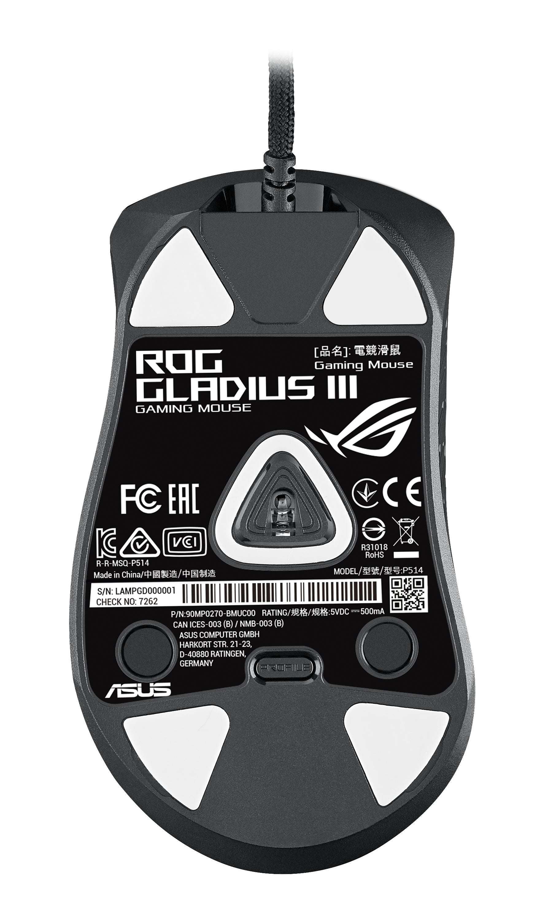 ASUS ROG Gladius III Gaming-Maus – kabelgebunden, 1'000 Hz, 9 Tasten, für Rechtshänder, Beleuchtung, schwarz