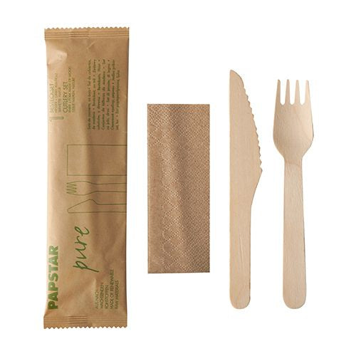 Papstar Besteck-Set 3-teilig, Holz (Birke) – kompostierbar – 50 Stk.