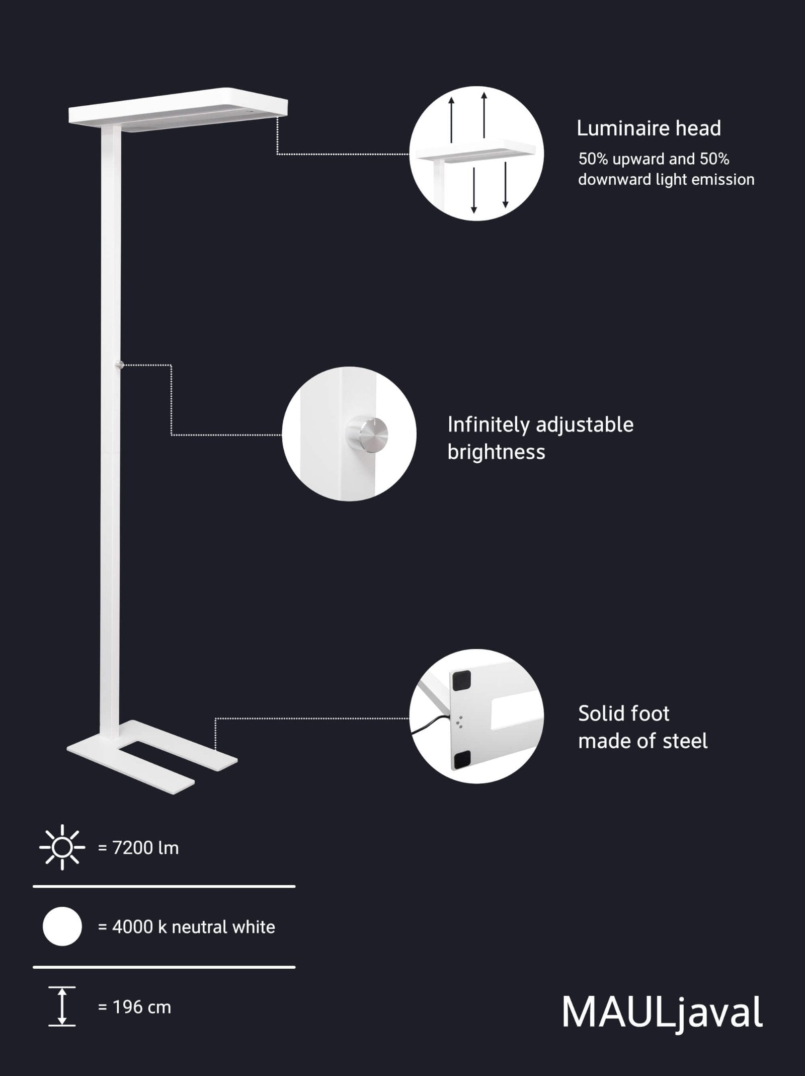 MAUL LED-Stehleuchte Javal – dimmbar – 4000 K – 13'060 lm 68 W – weiss, Aluminium