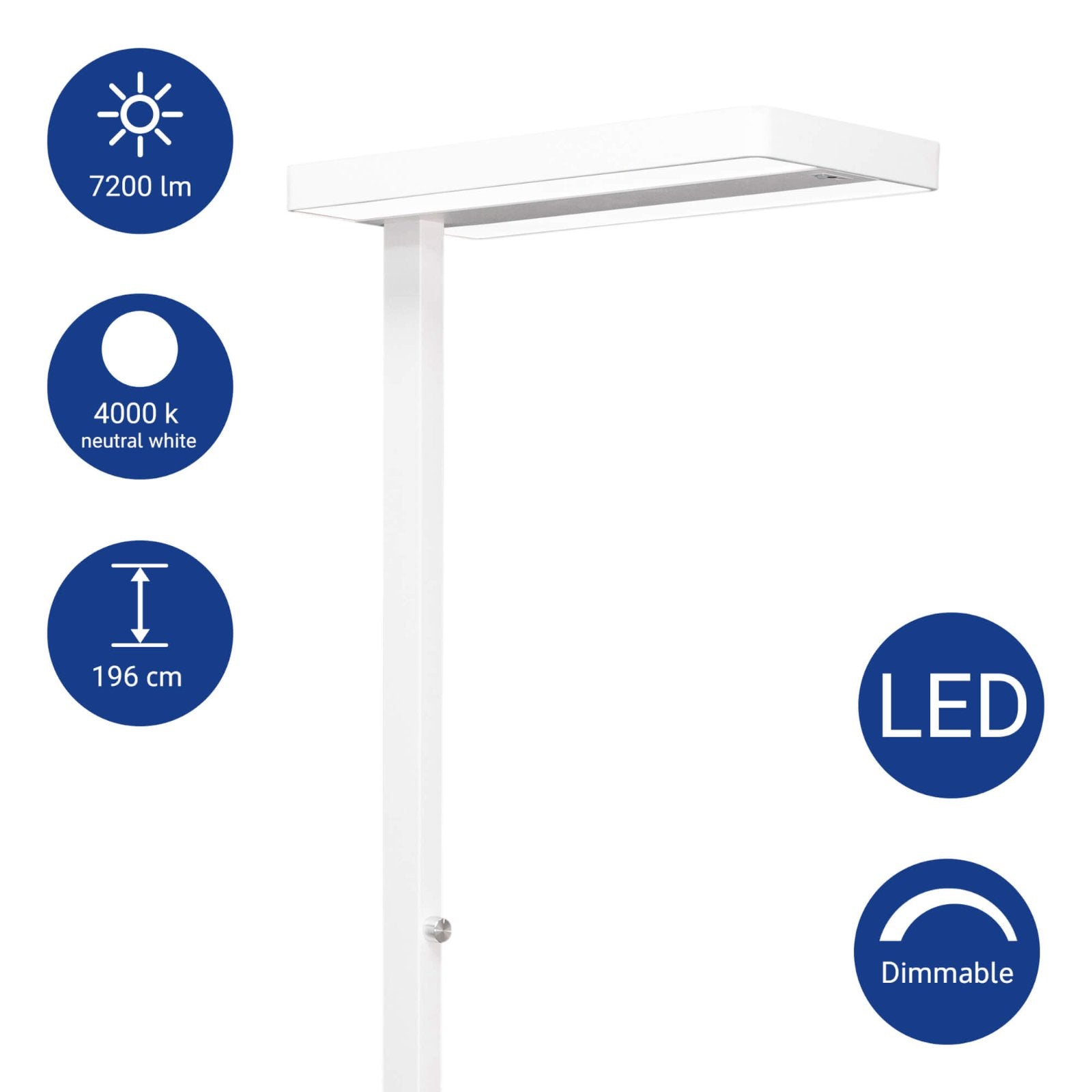 MAUL Stehleuchte LED – Bewegungssensor, Tageslichtsensor, dimmbar – 4000 K – 13’060 lm – weiss, 196 cm