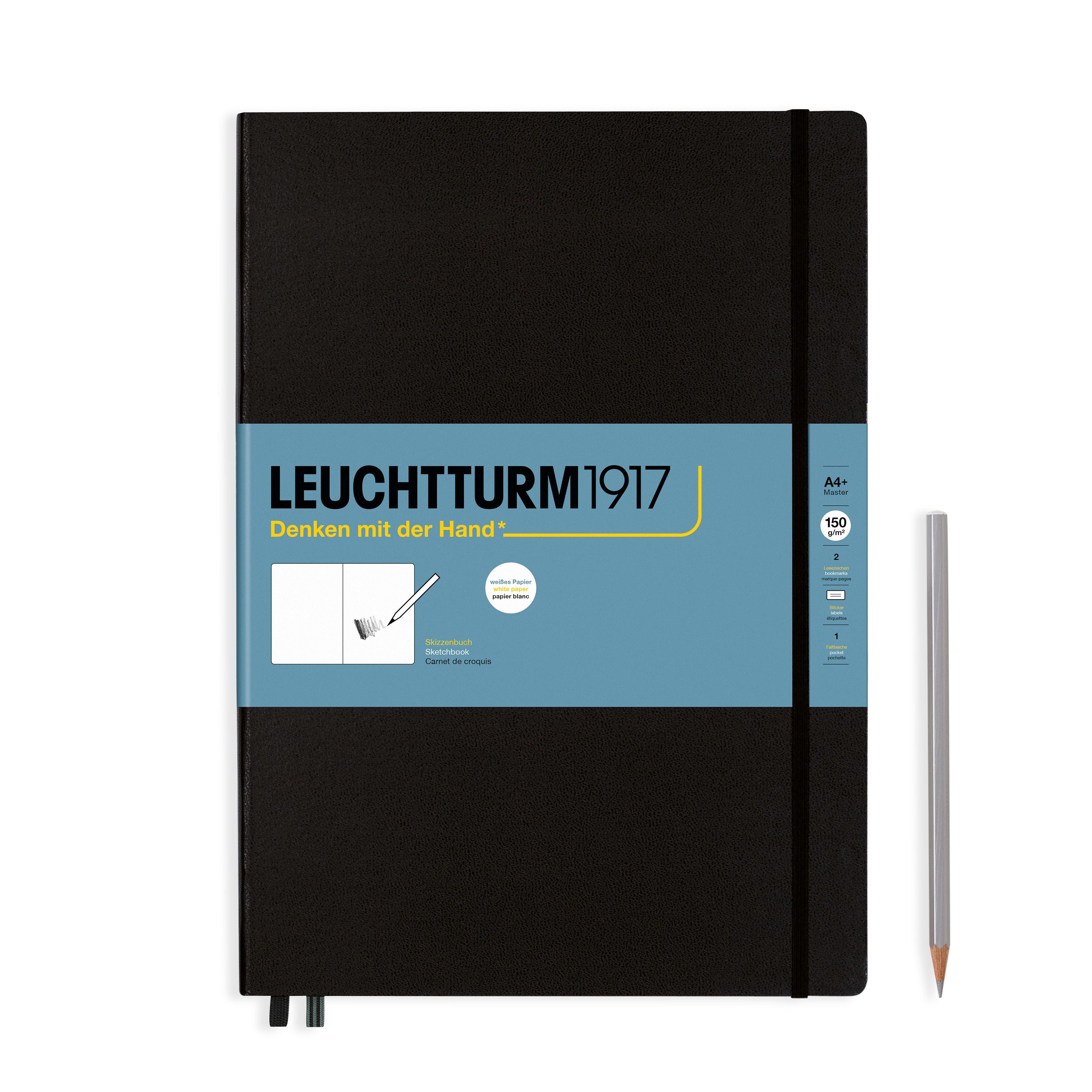 Leuchtturm Malbuch Master – A4+ – 150 g/m² – Hardcover – mit Gummiband – 112 Seiten – Schwarz – mit Tasche