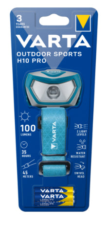 Varta Stirnlampe Outdoor Sports H10 Pro – 100 lm, 45 m, IPX4, Laufzeit 35 h – Blau