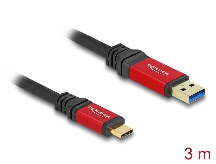 DeLOCK USB-A auf USB-C Kabel – USB 3.2 Gen 2 (10 Gbit/s) – 3 m – Metallverstärkt, Goldstecker – Schwarz/Rot