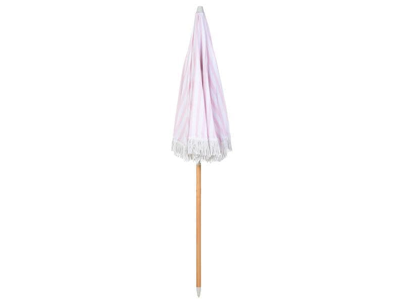 KOOR Strandschirm – rund, gestreift, Holzstange – Ø 150 cm, 180 cm hoch – rosa, weiss – Polyester