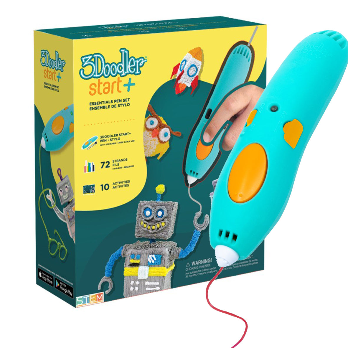 3Doodler Start+ – 3D-Stift – Düsenbreite 0,77 mm, kompostierbarer Kunststoff, türkis, gelb, Set