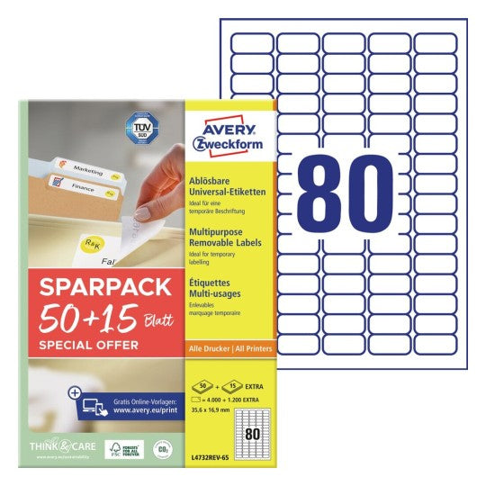 Avery L4732REV-65 – Etiketten A4 36 × 17 mm – Papier, weiss – wiederablösbar – Laser/Inkjet – 65 Blätter