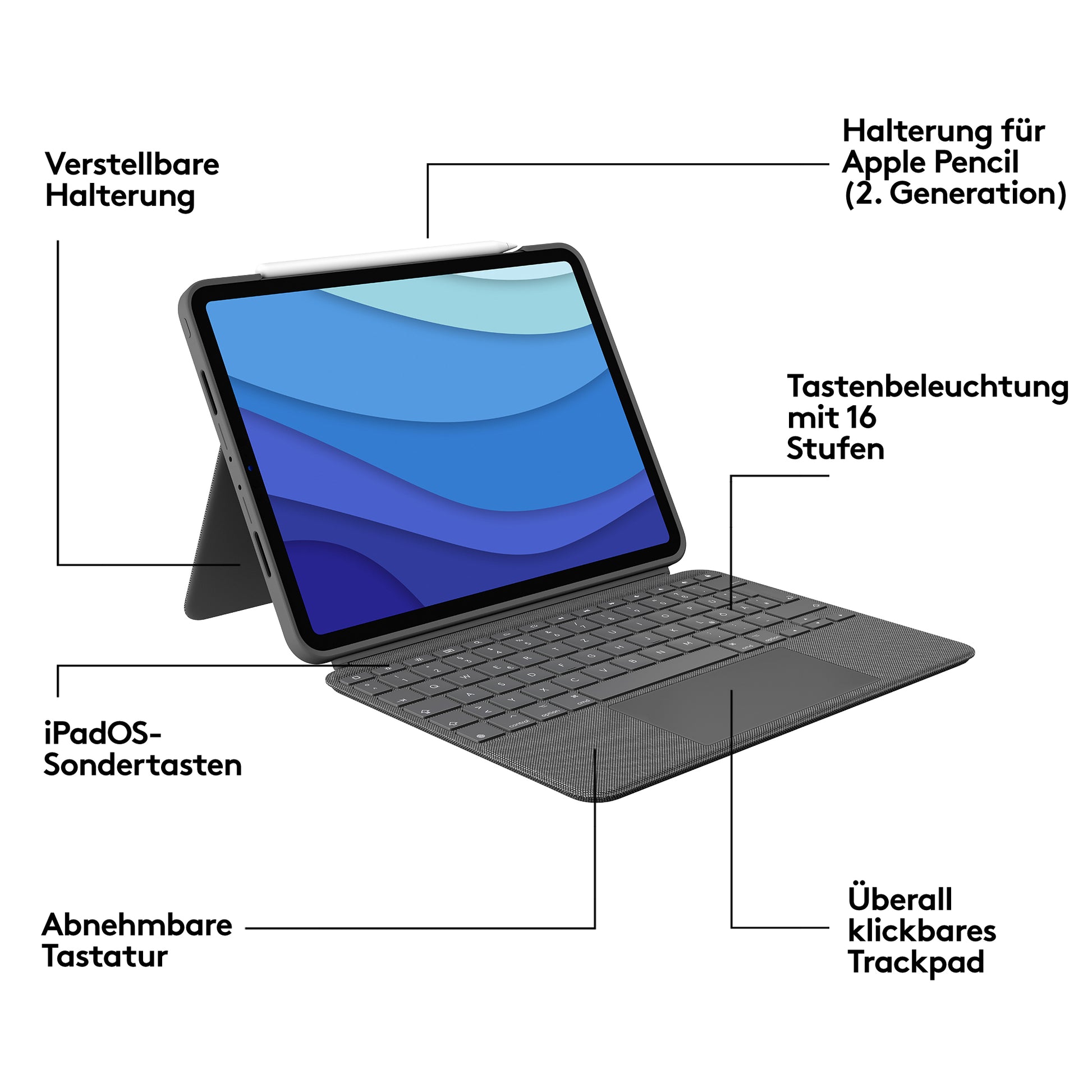 Logitech Combo Touch – Tastatur, US-Layout (EN), Grau – für iPad Pro 11"