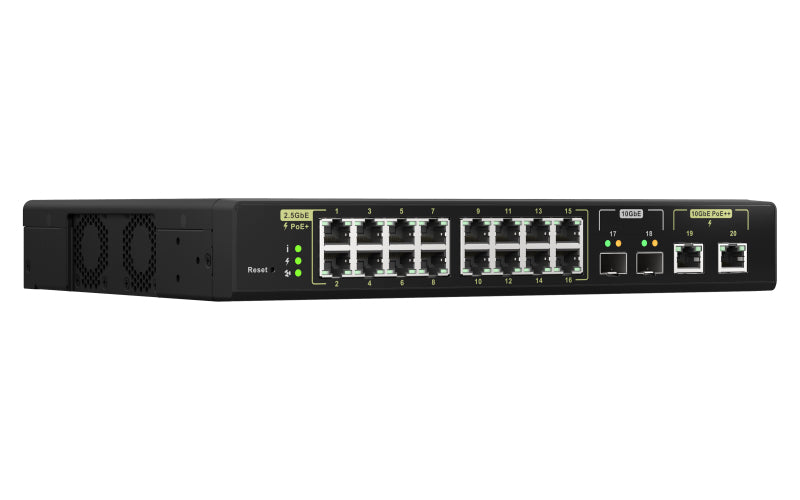 QNAP QSW-M2116P-2T2S – Managed L2 Switch – 16× 2,5G, 2× 10G, 2× SFP+, PoE+, PoE-Budget 280 W, 19"
