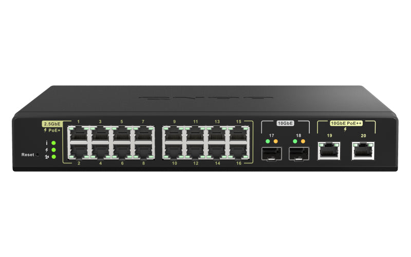 QNAP QSW-M2116P-2T2S – Managed L2 Switch – 16× 2,5G, 2× 10G, 2× SFP+, PoE+, PoE-Budget 280 W, 19"