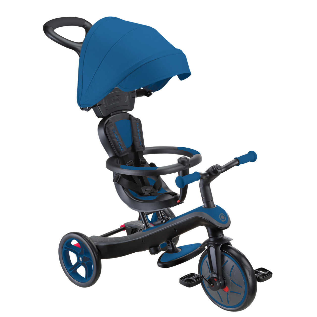 Globber Explorer 4 in 1 Dreirad – Verstellbarer Sitz, Schiebestange, Gurt – ab 10 Monaten – Blau