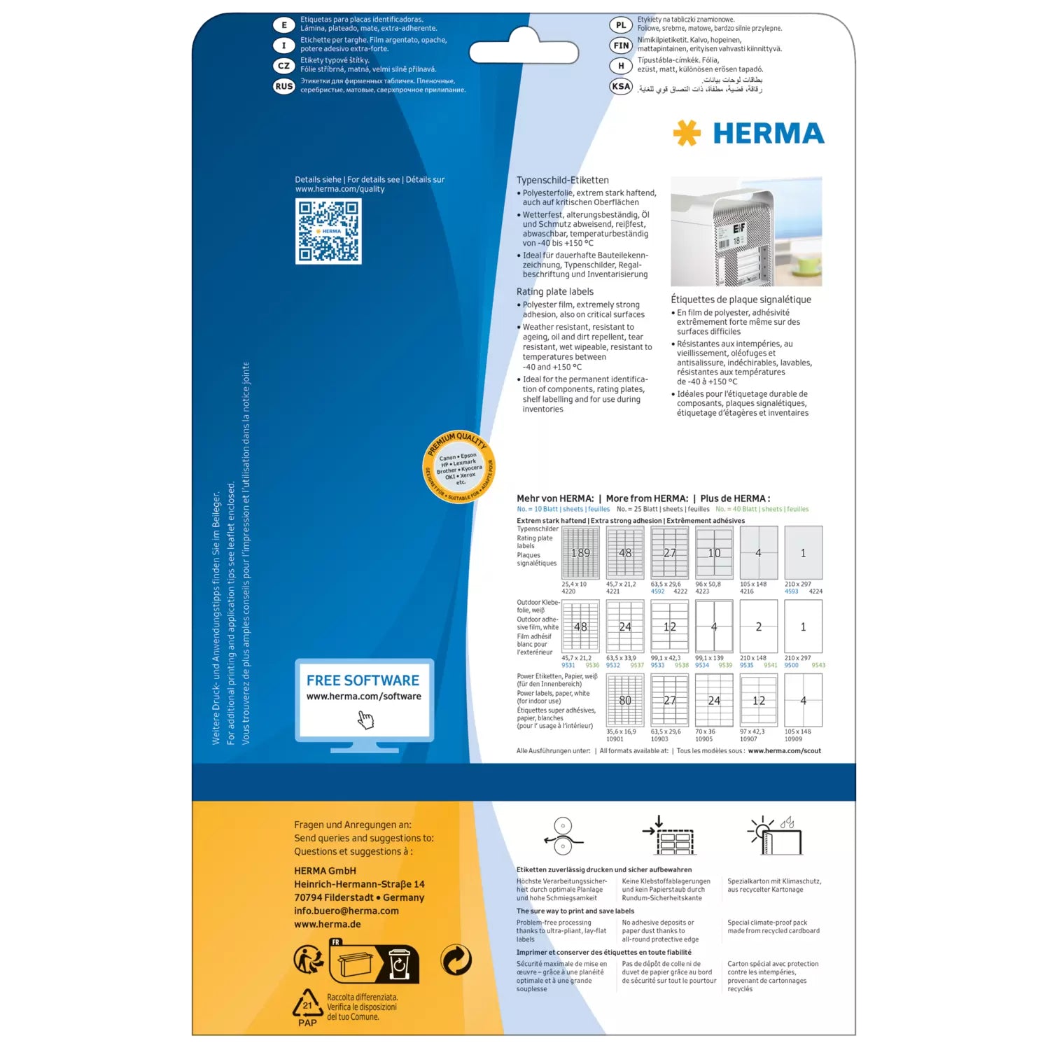 HERMA Typenschild-Etiketten, 46 mm × 21 mm, silber, Folie, extra stark, 25 Blatt