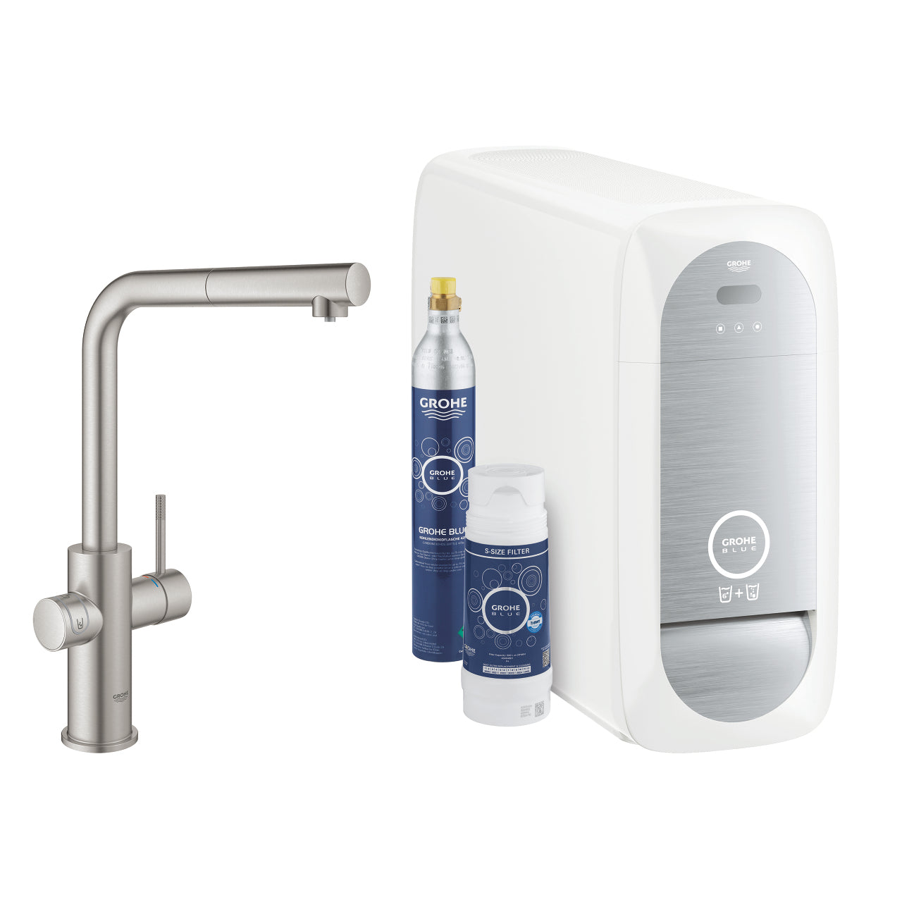 GROHE Einhebelmischer Blue Home L-Auslauf – Messing, 180 W, Silber