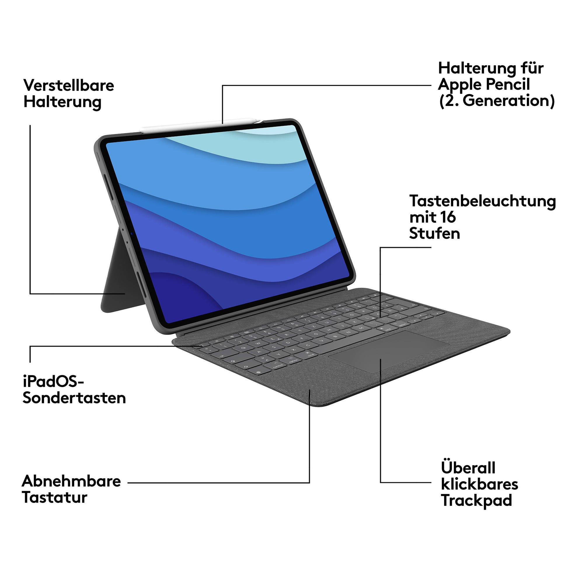Logitech Combo Touch – Tastatur, FR-Layout (FR), mit Touchpad, Grau – für iPad Pro 12,9" (5. Generation)