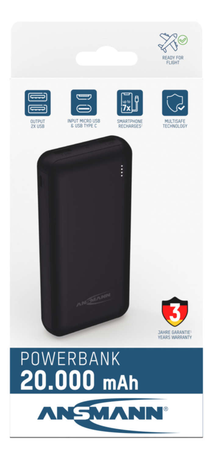 Ansmann Powerbank 20000 mAh, PD 20 W, 2× USB-A, für Smartphones, Tablets, Schwarz