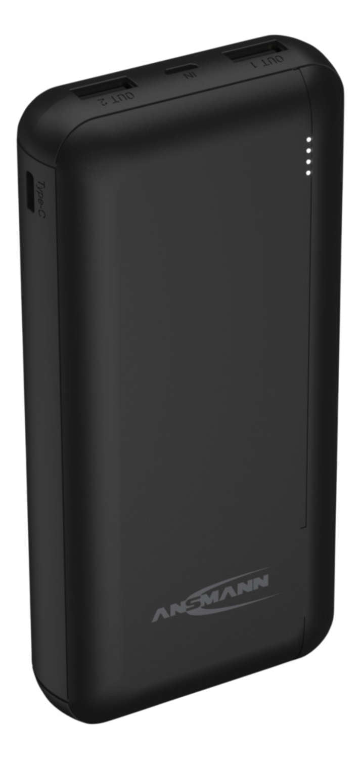 Ansmann Powerbank 20000 mAh, PD 20 W, 2× USB-A, für Smartphones, Tablets, Schwarz
