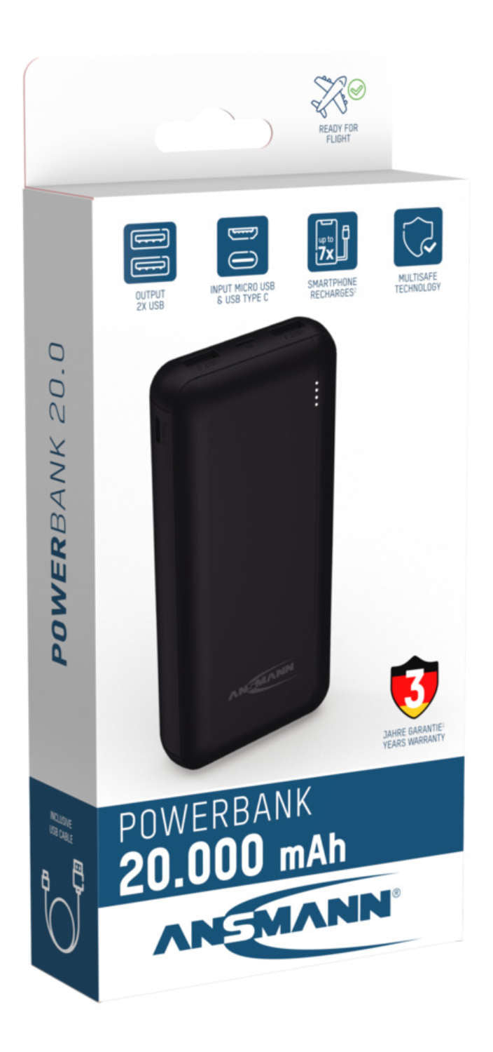Ansmann Powerbank 20000 mAh, PD 20 W, 2× USB-A, für Smartphones, Tablets, Schwarz