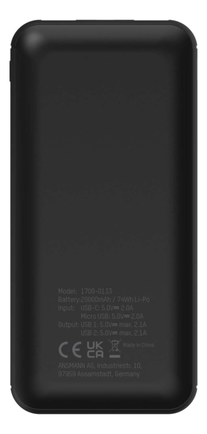 Ansmann Powerbank 20000 mAh, PD 20 W, 2× USB-A, für Smartphones, Tablets, Schwarz