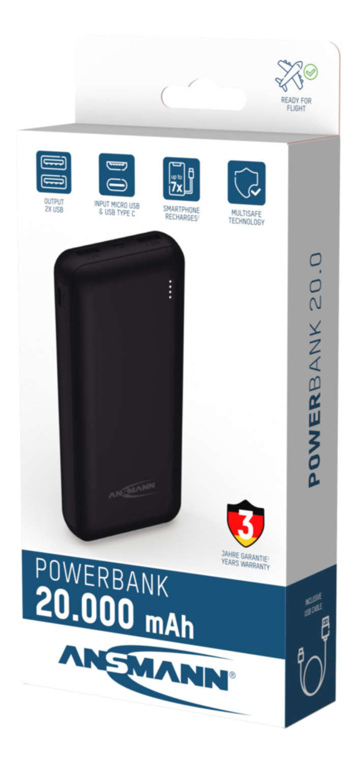 Ansmann Powerbank 20000 mAh, PD 20 W, 2× USB-A, für Smartphones, Tablets, Schwarz