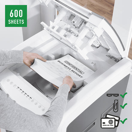 Leitz Aktenvernichter mit Autofeed 600 Blatt, DIN P-4, Partikelschnitt 4 × 36 mm, 15 Blatt, 110 l
