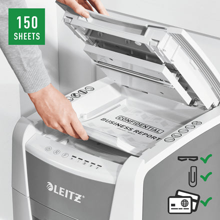 Leitz IQ AutoFeed 150 – Aktenvernichter mit Autofeed 150 Blatt, DIN P-4, Partikelschnitt 4 × 30 mm, 44 l
