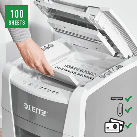 Leitz Aktenvernichter mit Autofeed 100 Blatt, DIN P-4, Partikelschnitt 4 × 30 mm, 8 Blatt, 34 l