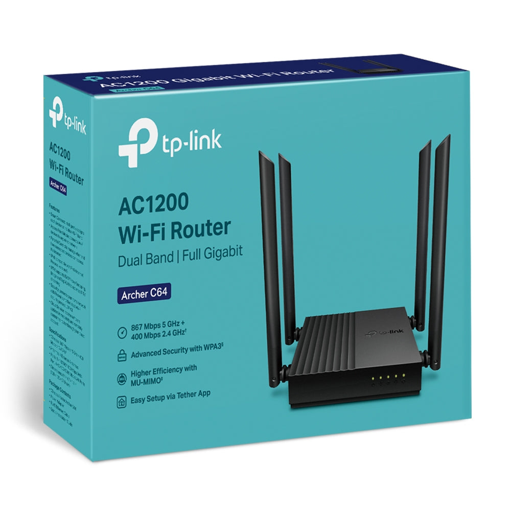 TP-Link Archer C64 – WLAN-Router, Wi-Fi 5, Dual-Band, bis 1200 Mbit/s, 4x LAN (GbE), Schwarz